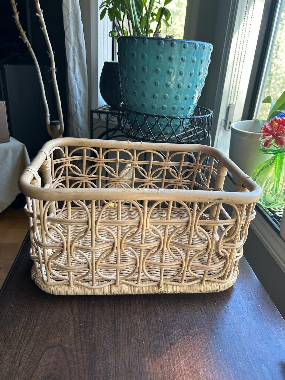 Vintage Wicker Basket Rattan MCM Bamboo Caddy Carrier
